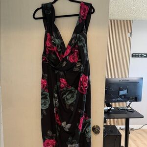 City Chic Black Midi Dress with Pink & Green Rose Print